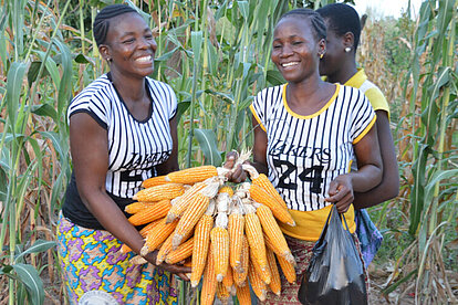 zwei junge Frauen, die stolz ihre geernteten Maiskolben zeigen
