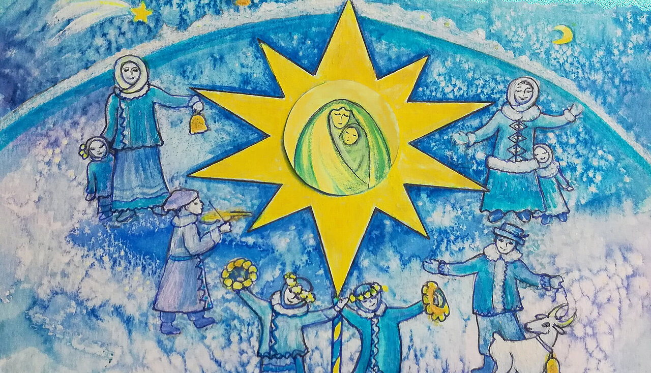 Blau-gelbe Weihnachtskarte mit Menschen und einem Stern mit Maria und Jesus in der Mitte