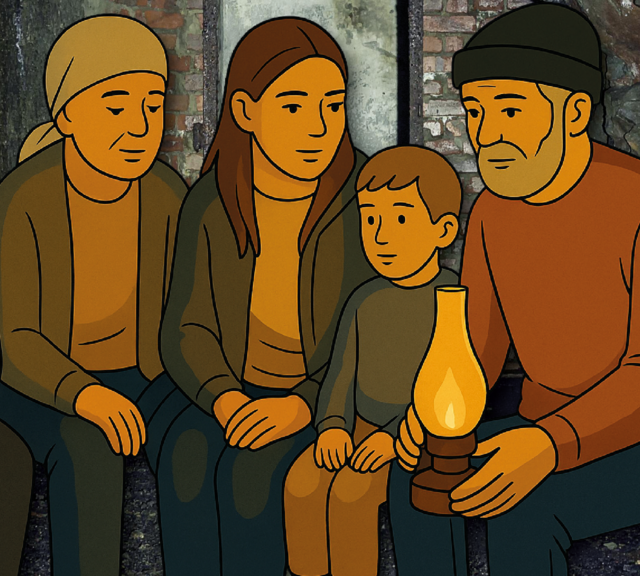 Eine Familie sitzt mit einer Kerze in einem Bunker.