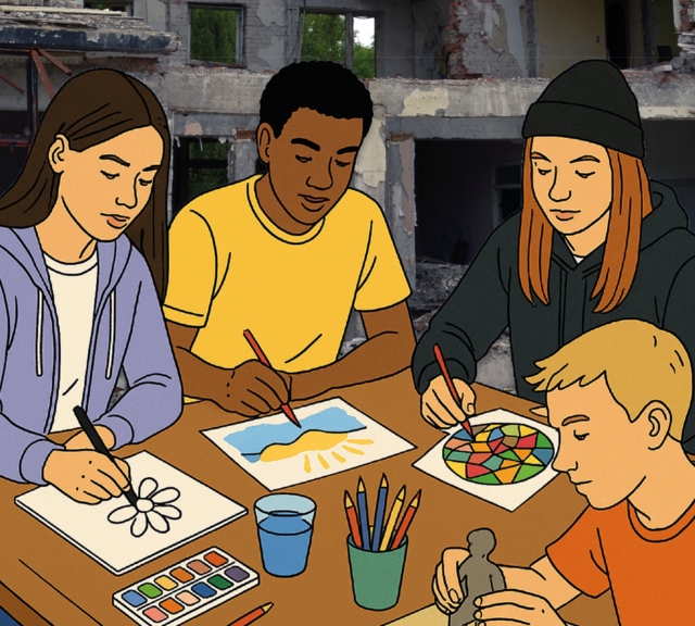 Vier Jugendliche toben sich kreativ aus, indem sie z.B. zeichnen, malen oder töpfern.