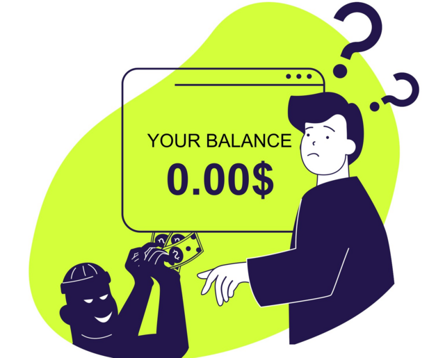 Betrüger mit Geldscheinen in der Hand und eine traurige Person mit Fragezeichen über dem Kopf. In der Mitte steht "Your balance: 0.00 $"