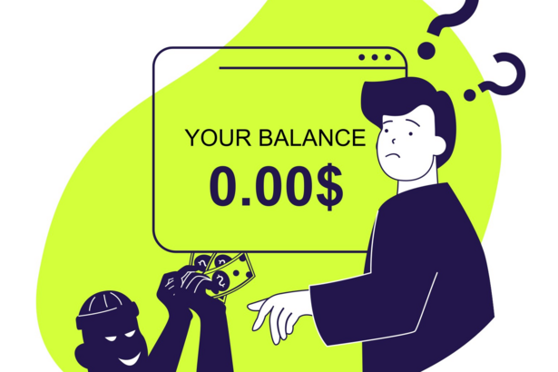 Betrüger mit Geldscheinen in der Hand und eine traurige Person mit Fragezeichen über dem Kopf. In der Mitte steht "Your balance: 0.00 $"