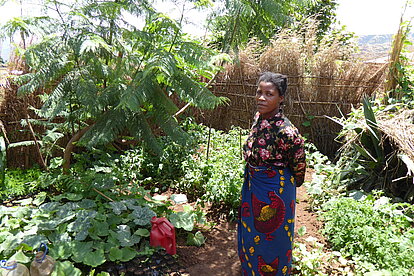 Eine Frau in Malawi lernt, Gemüse und Obst im Hausgarten anzupflanzen 